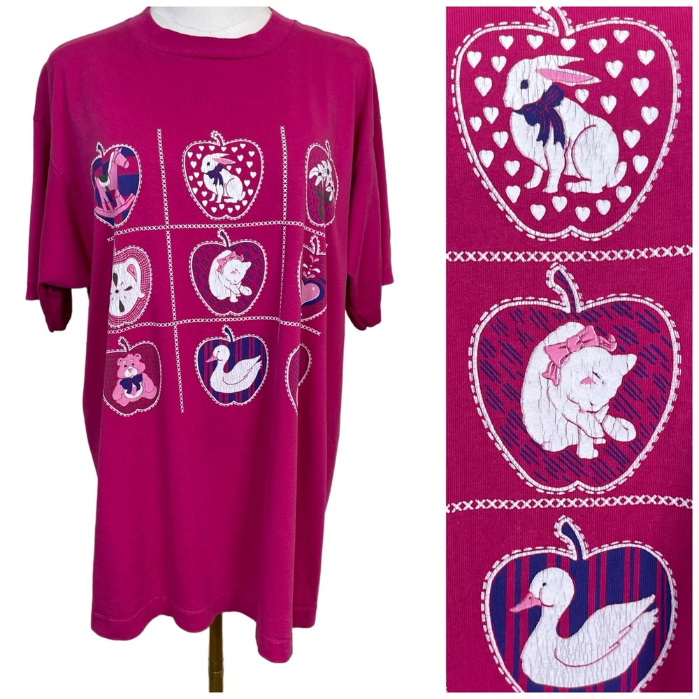 Vintage Screen Stars 1991 Cat Bunny Heart Graphic T-Shirt Women‎ XL Pink Cottage